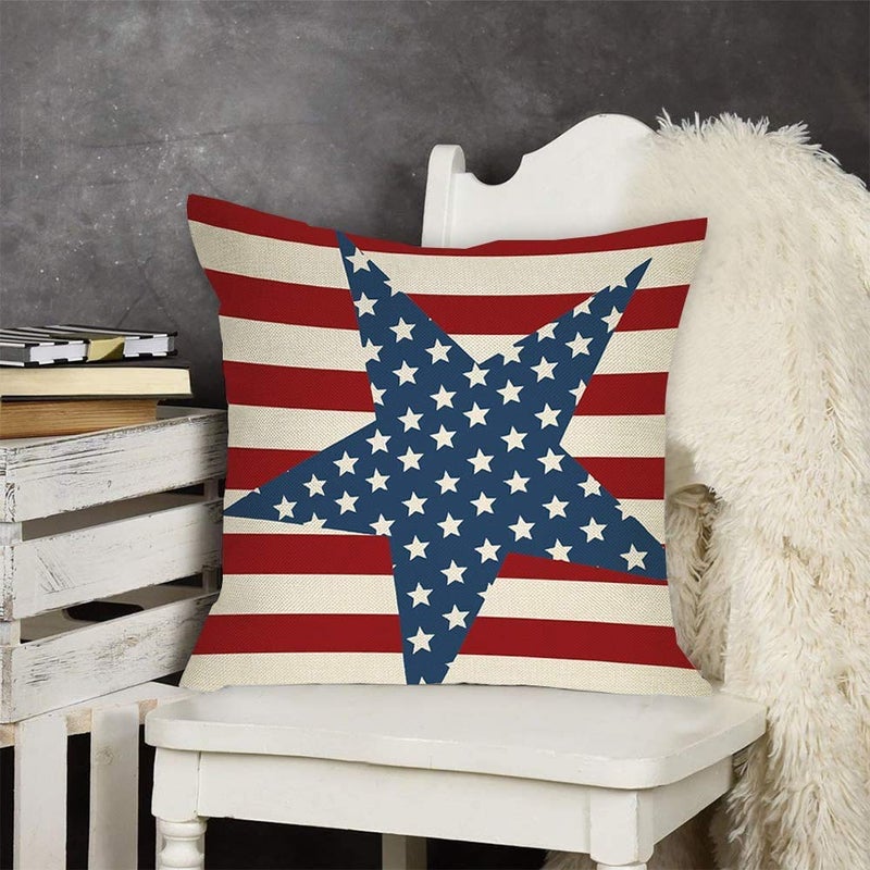 FBCOO July 4th Patriotic Farmhouse Decorative Throw Pillow Case Vintage American Flag Decoration Star Independence Day Sign Cushion Cover Home Decor 18 x 18 Inch Cotton Linen for Sofa Couch - Image 4